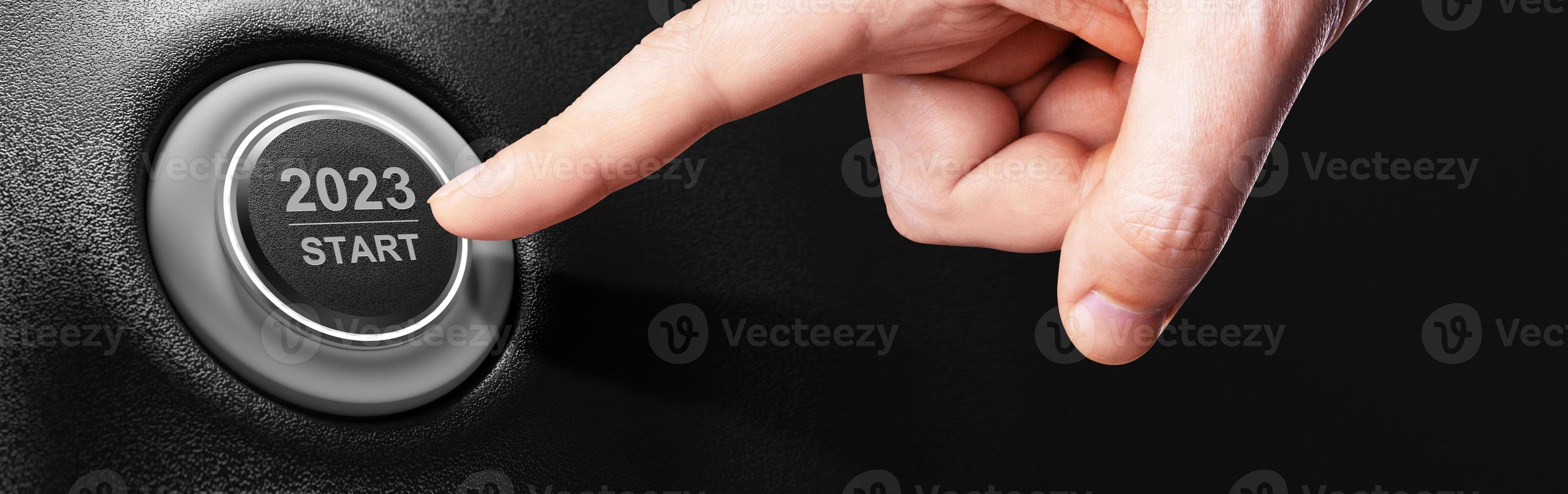 Start 2023. Happy New Year button. 3D illustration photo