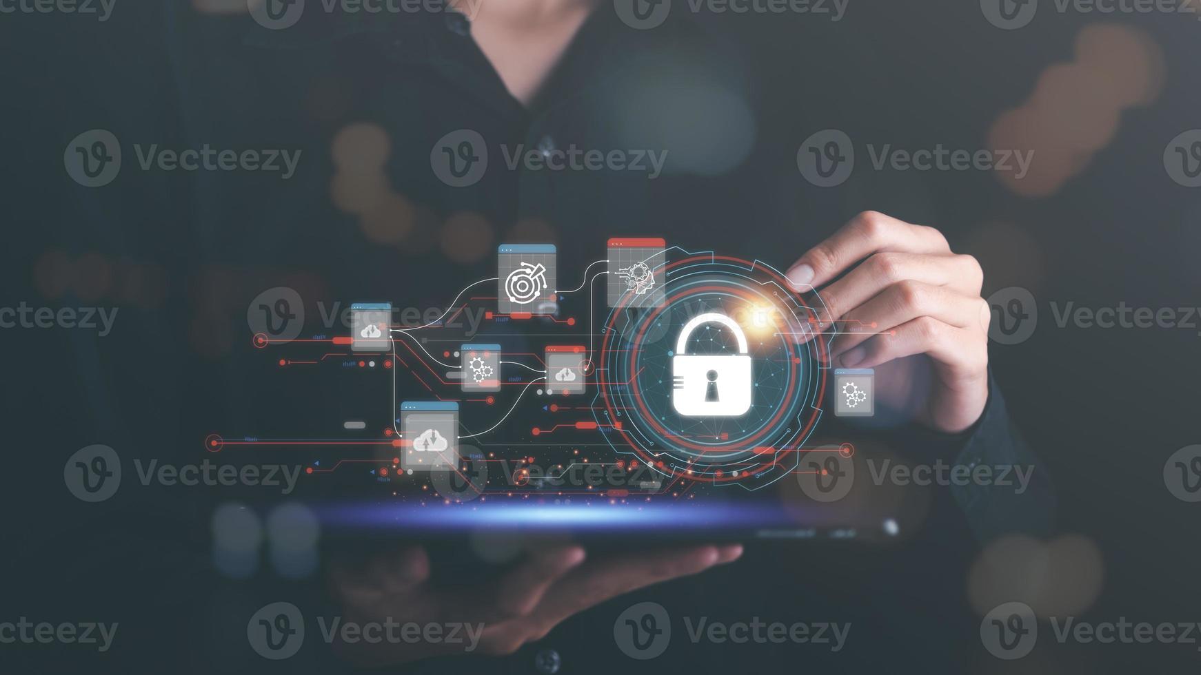 businessman connected network with virtual icon,internet security concept, cyber security online, digital security unlocking or encryption, secure login authorization,Protecting data from theft photo