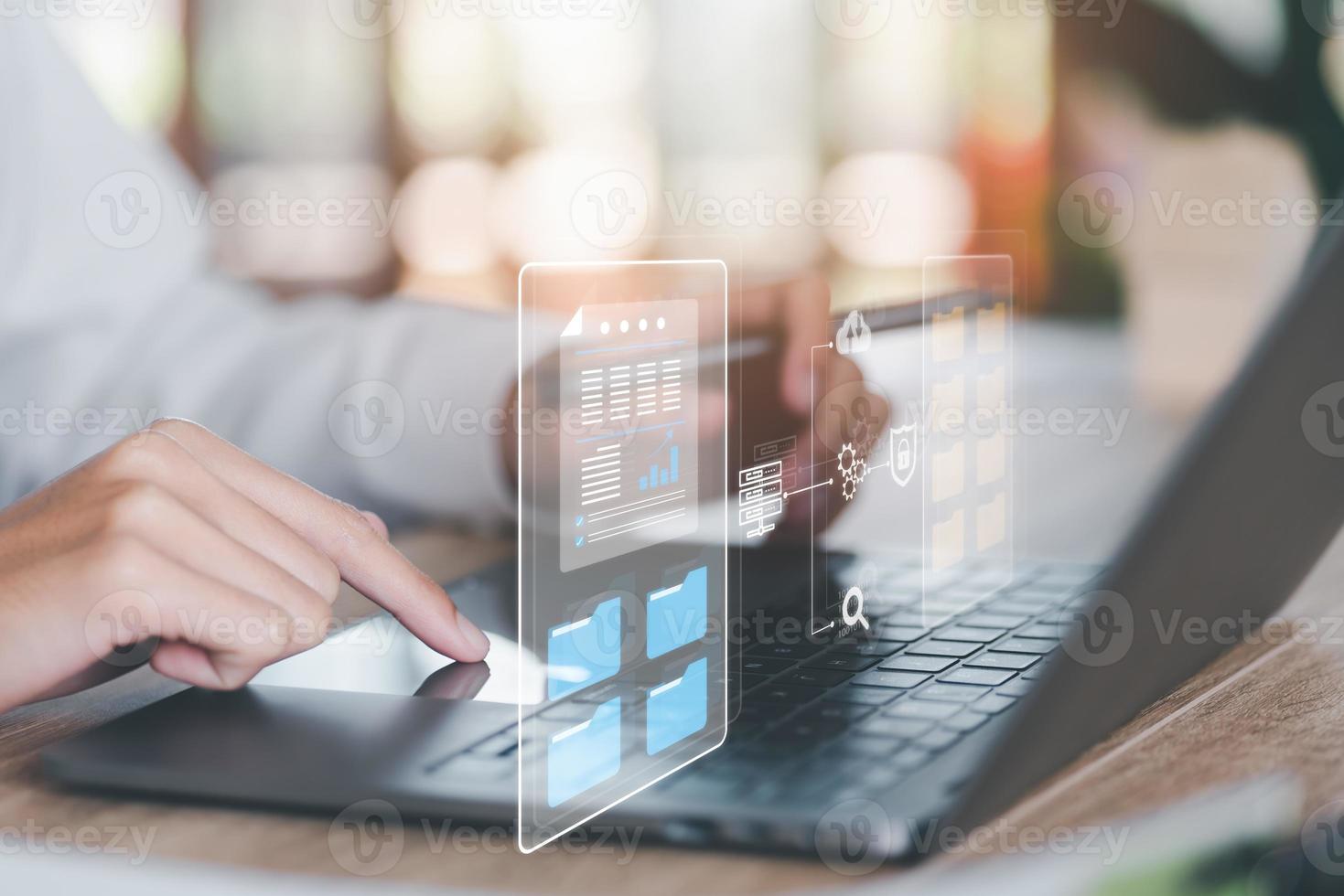 business people read online business statistics chart reports to analyze and improve corporate strategy ,Manage financial and marketing documents, Company growth information,data management photo