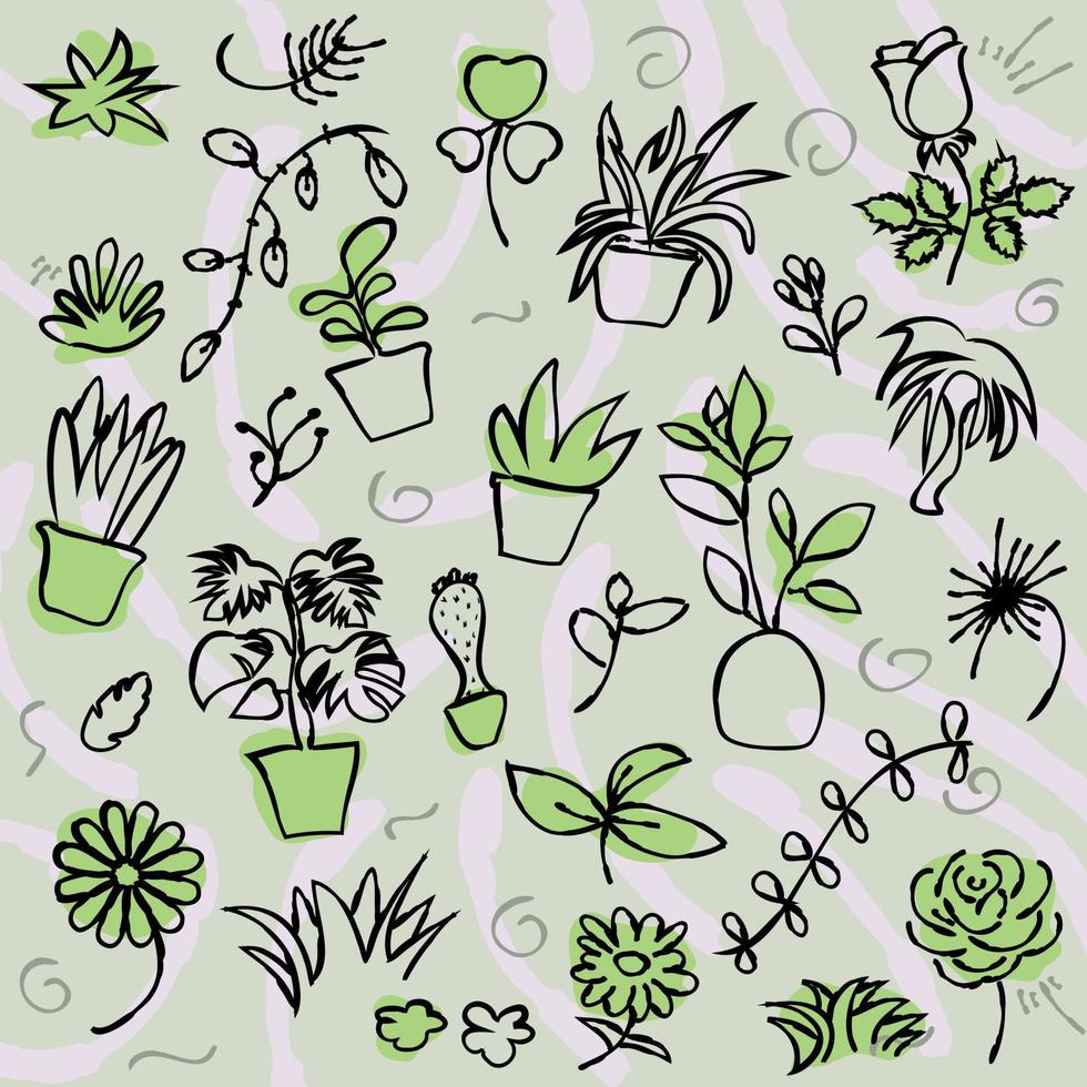 Collection of handdrawn doodles, lines, scribble style with plant, spring, nature theme.  Separate layers of fully editable items in green, white, black, pastel colours. vector