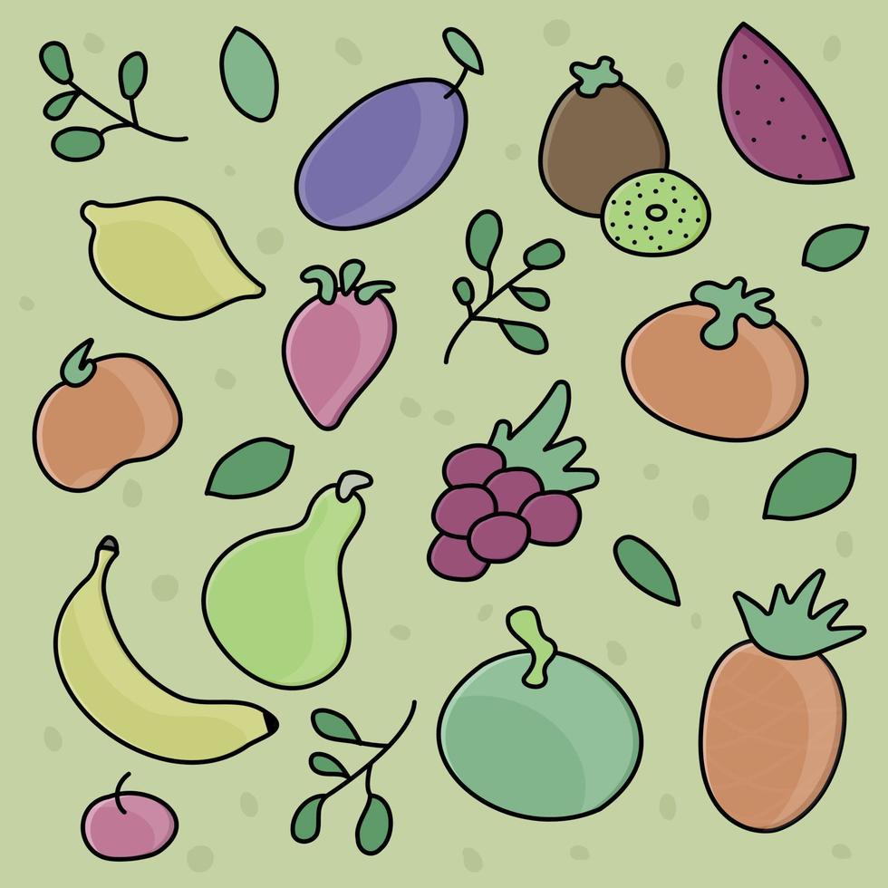 Collection of fruit items in vivid colors like blueberry, apple, strawberry, lemon, banana, apple and pineapple, separated layering and grouped objects in vector