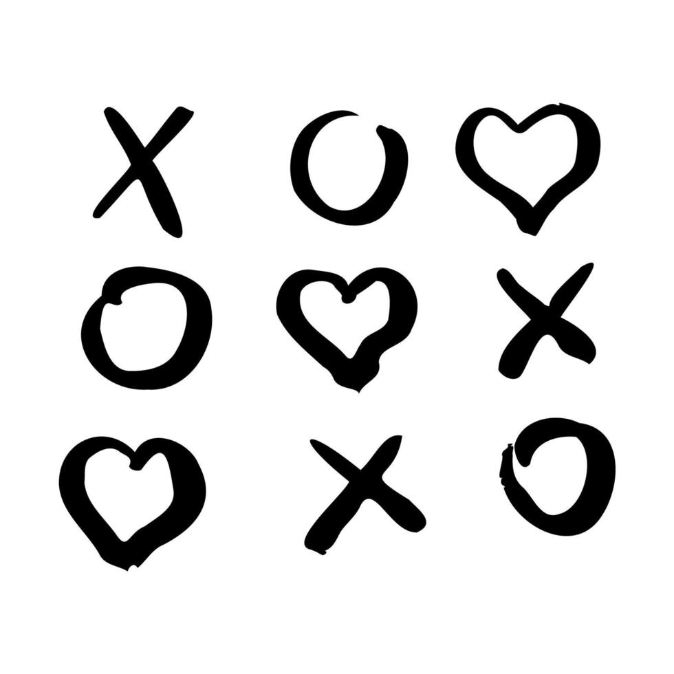 Tic tac toe doodle game with cross and circle sign, cute heart mark isolated on white background. . Vector illustration