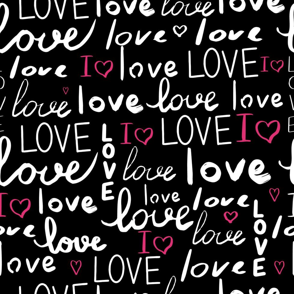 Text love, script cute doodle hand drawn seamless pattern on black background. Vector illustration