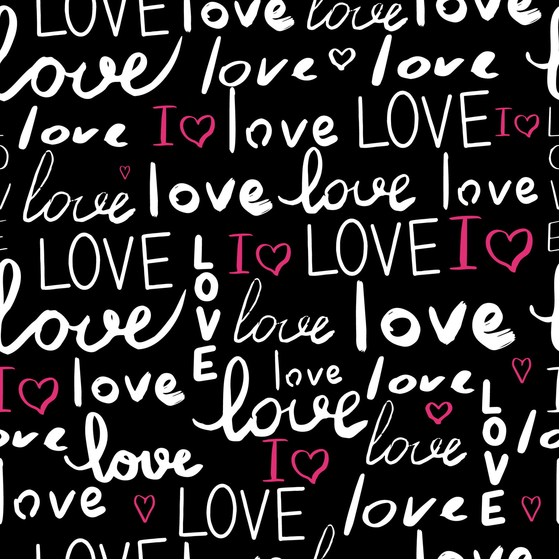 Text love, script cute doodle hand drawn seamless pattern on black