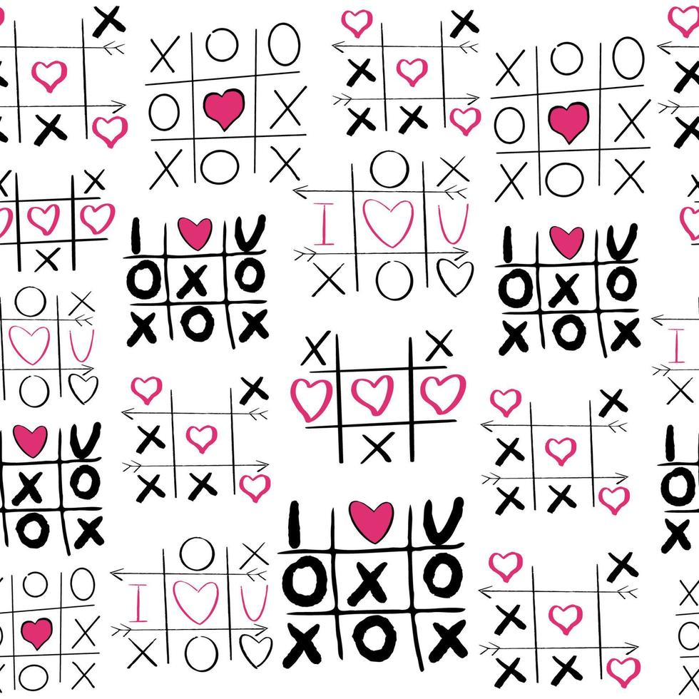 Tic tac toe game with romantic heart doodle hand drawn seamless pattern on white background. Vector illustration