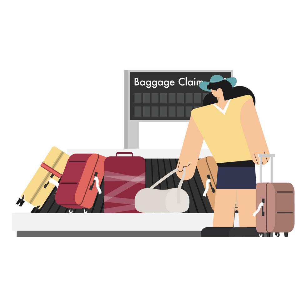 mujer pasajera recogiendo equipaje de la cinta transportadora de equipaje en la sala de llegadas de la terminal del aeropuerto después de llegar al destino vector