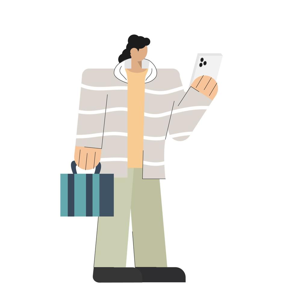 man passenger with luggage and mobile phone walking in the airport terminal departure hall waiting for boarding plane holiday vacation flight vector