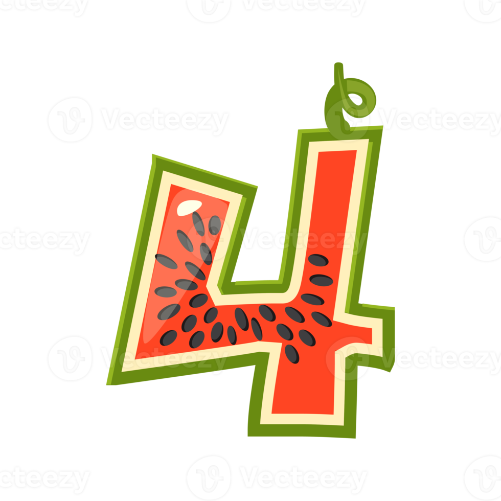 Cartoon watermelon number 4, digit four png