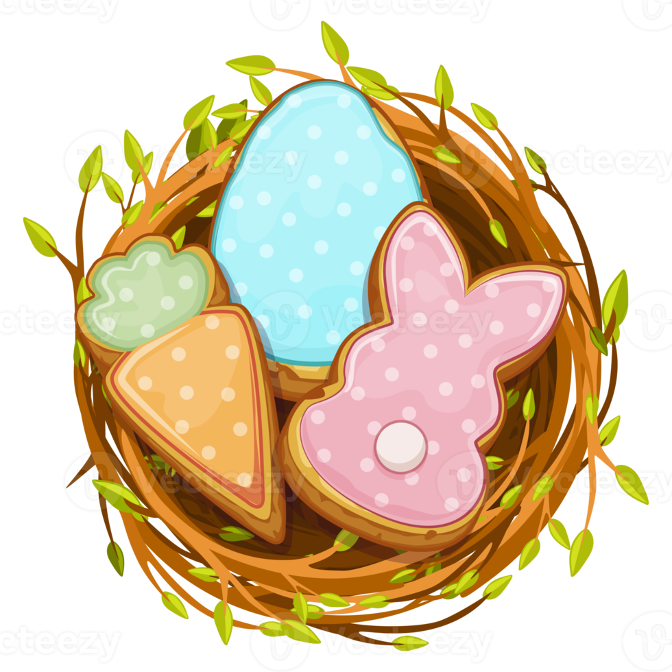 Nest with cute bunny, carrot, egg biscuit cookies png