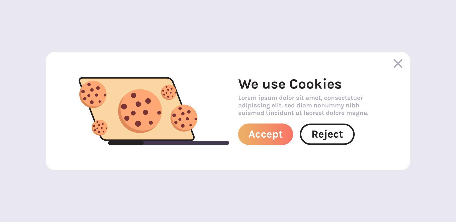Protection of personal information internet web pop up and we use cookies policy notification on laptop screen concept flat vector illustration.