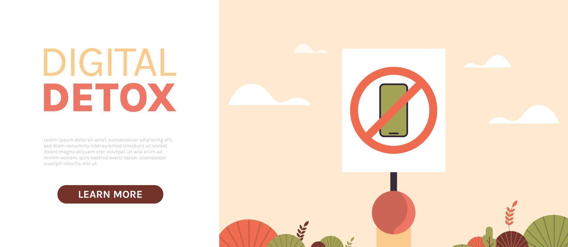 Hand holding banner with sign prohibiting use smartphone digital detox and gadget in crossed-out sign healthy lifestyle horizontal concept flat vector illustration.