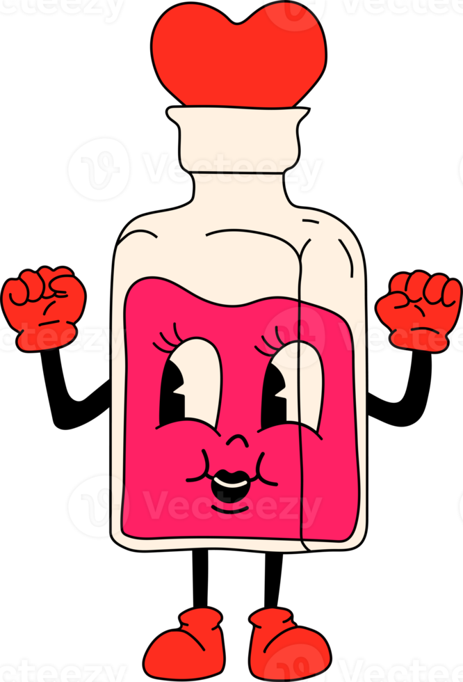 Glass bottle with magic love potion. 30s cartoon mascot character -. 40s, 50s, 60s old animation style. png