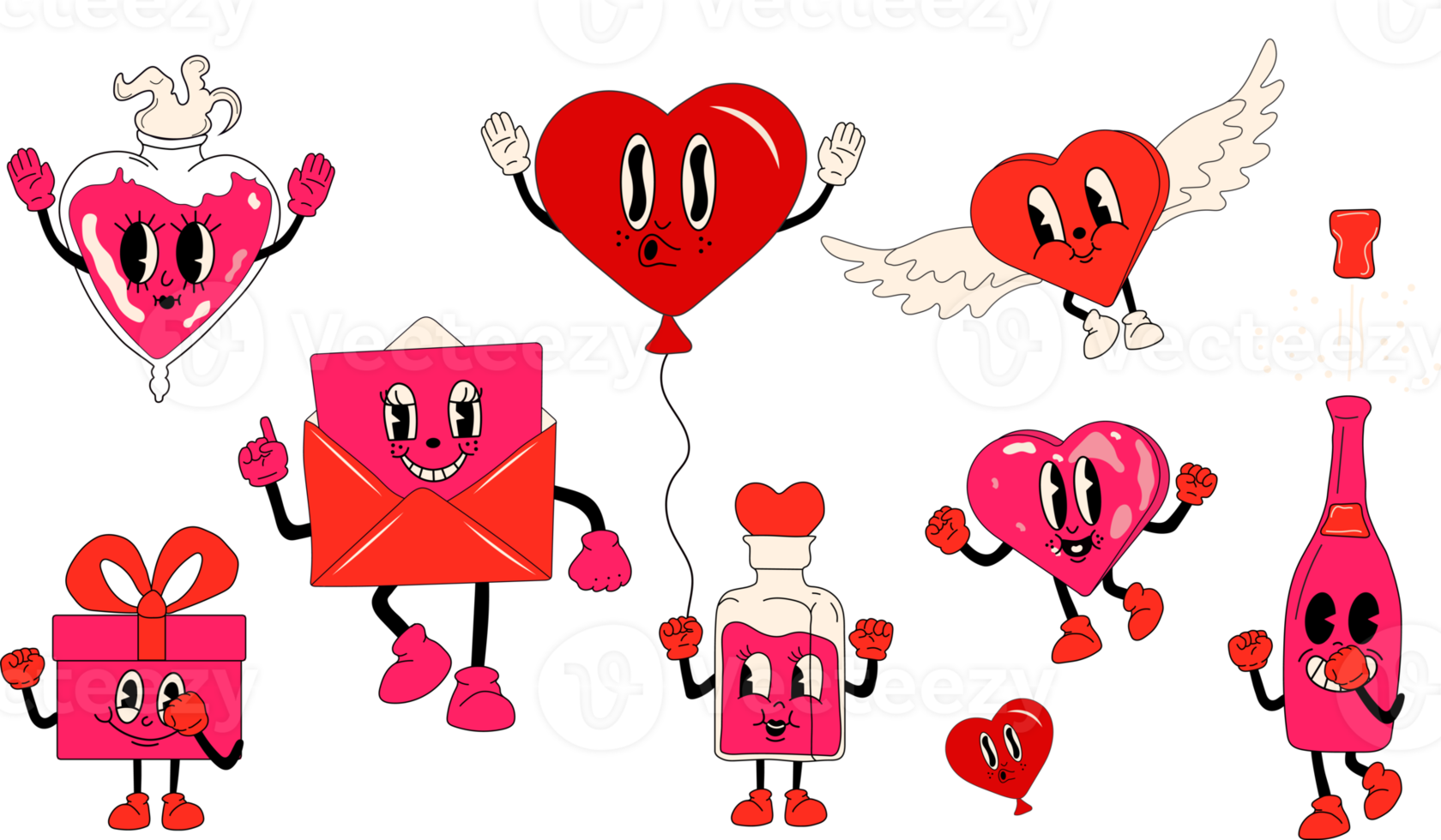 Set of cute love stickers for daily planner and diary on dark background. 30s cartoon mascot character 40s, 50s, 60s old animation style.Valentine's Day concept png
