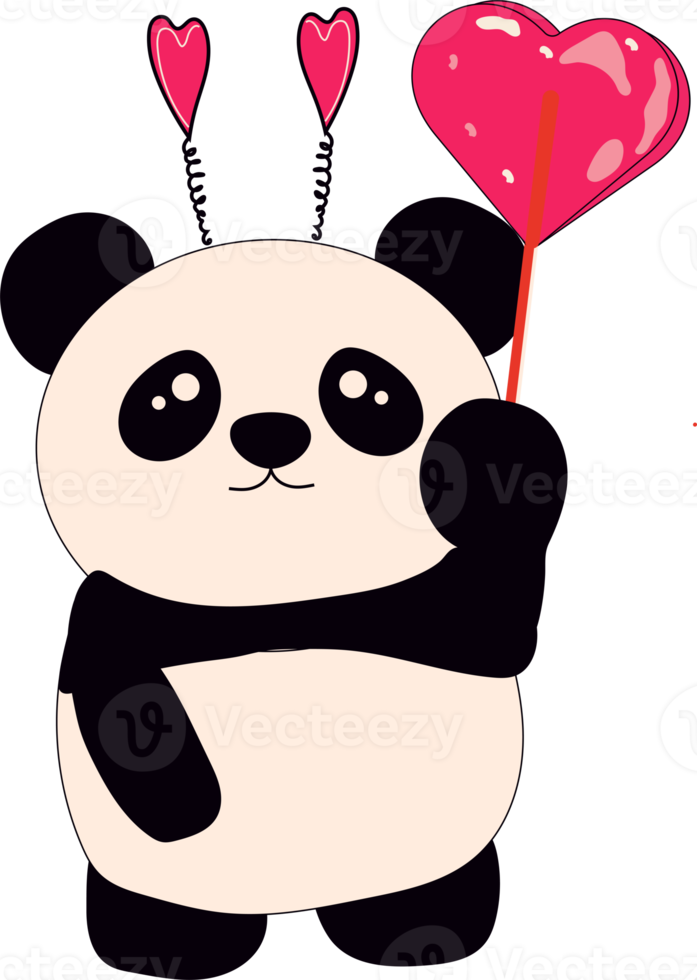 süßer kleiner sitzender panda hält herzförmigen lutscher. karikaturtiercharakter für kinderkarten, babydusche, einladung, plakat, t-shirt zusammensetzung, hausinnenraum. png