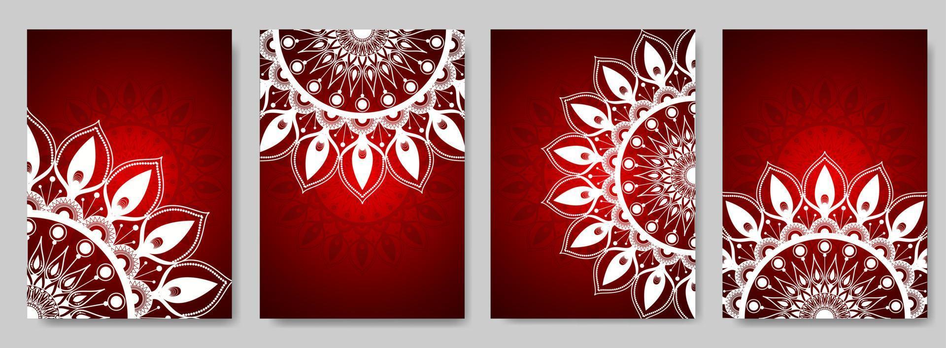 set of abstract backgrounds with mandala ornaments.  red background design can be used for textiles, greeting cards, covers. vector