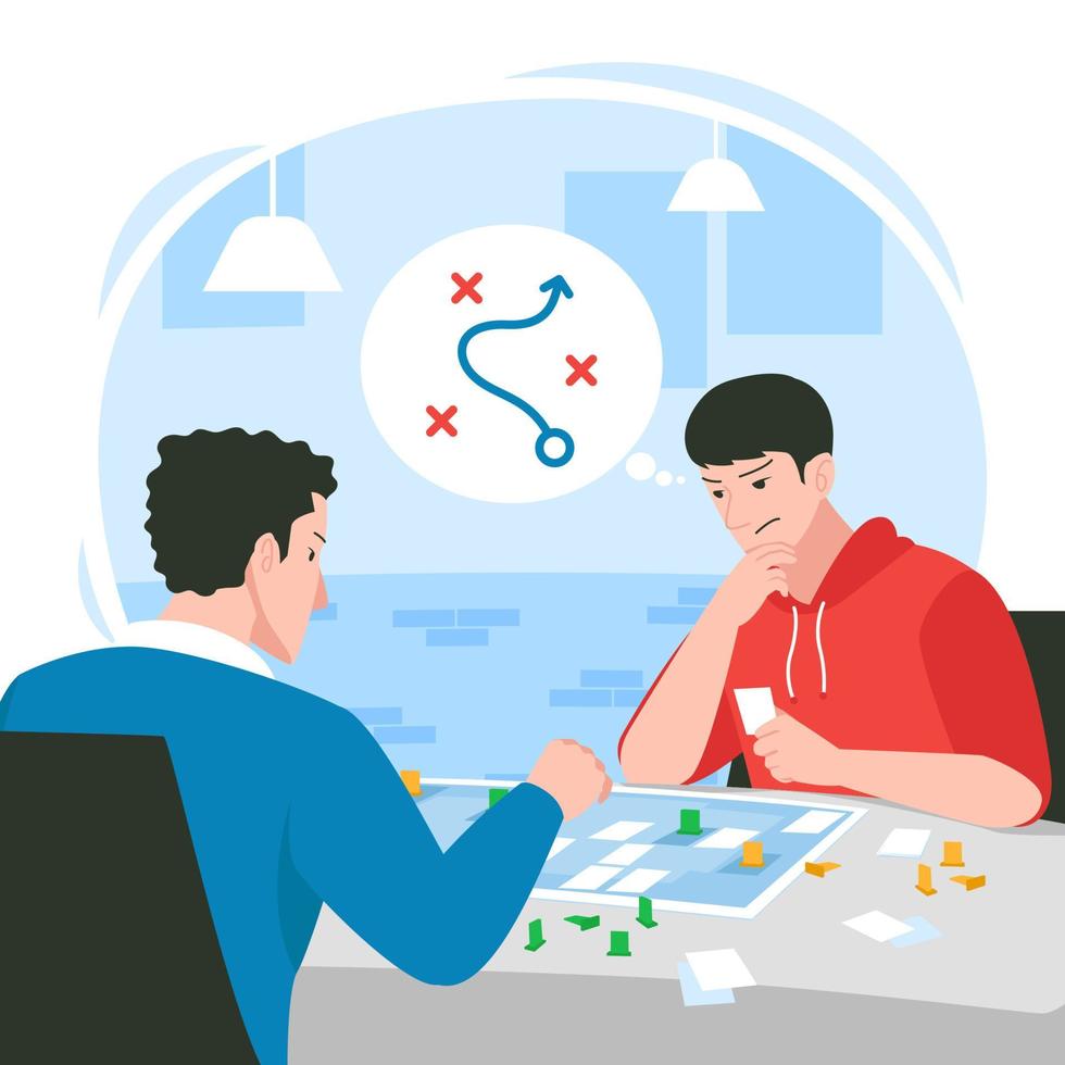 Two Young Man Focused on Board Game Match vector