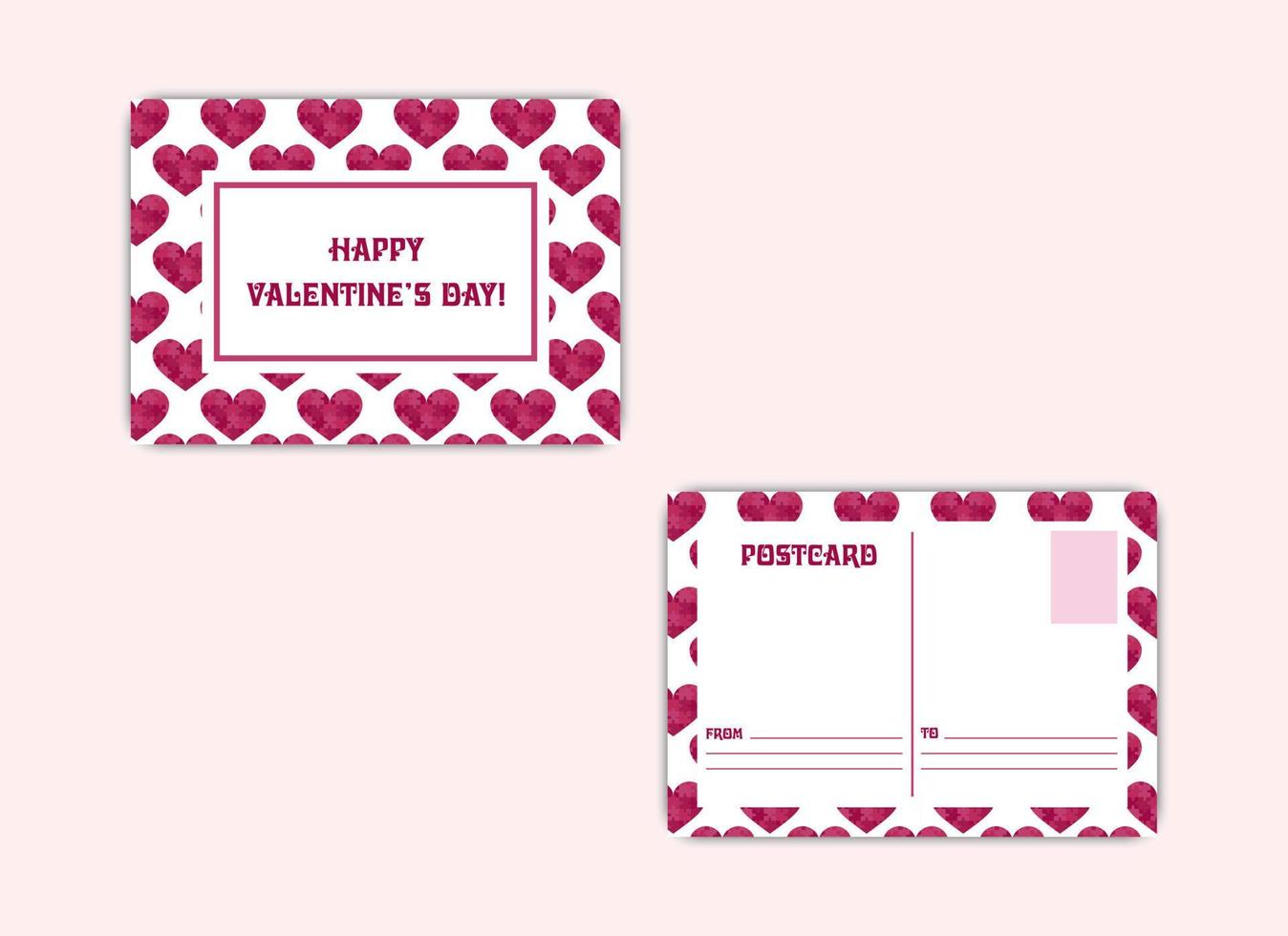 Happy Valentines Day postcard template. Vector illustration with creative puzzle hearts and vintage text. Greeting card for Valentine February 14 celebration. White and magenta. Front and rear sides