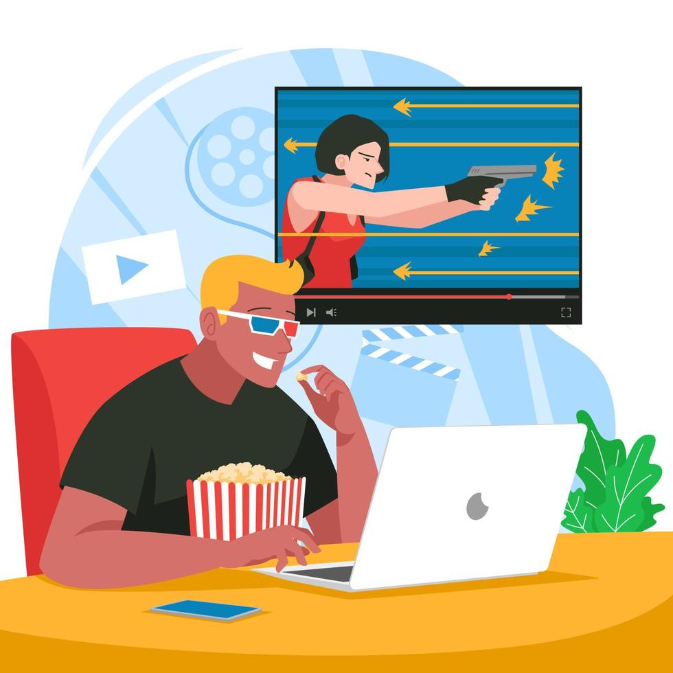 A Man Enjoys Popcorn while Streaming an Action Movie vector