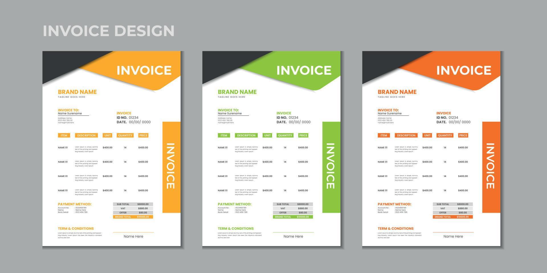 Minimal corporate Business multiple color variation a4 size vector invoice design template