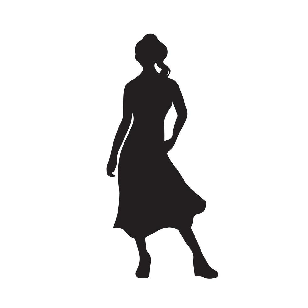 Girl model with ponytail pose gesture wearing dress skirt standing full body vector icon silhouette. Drawing isolated on square white background template.