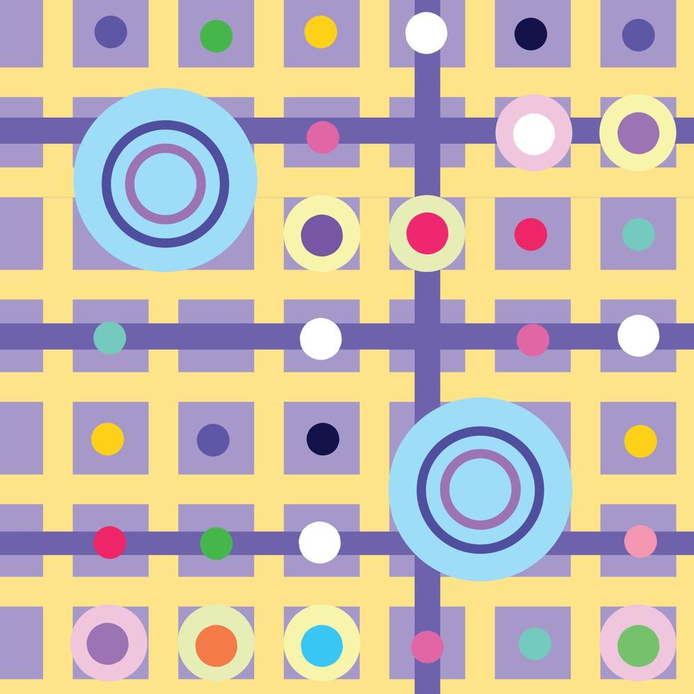 Purple background with yellow lines and colorful circles decoration ornaments vector wallpaper isolated on square template