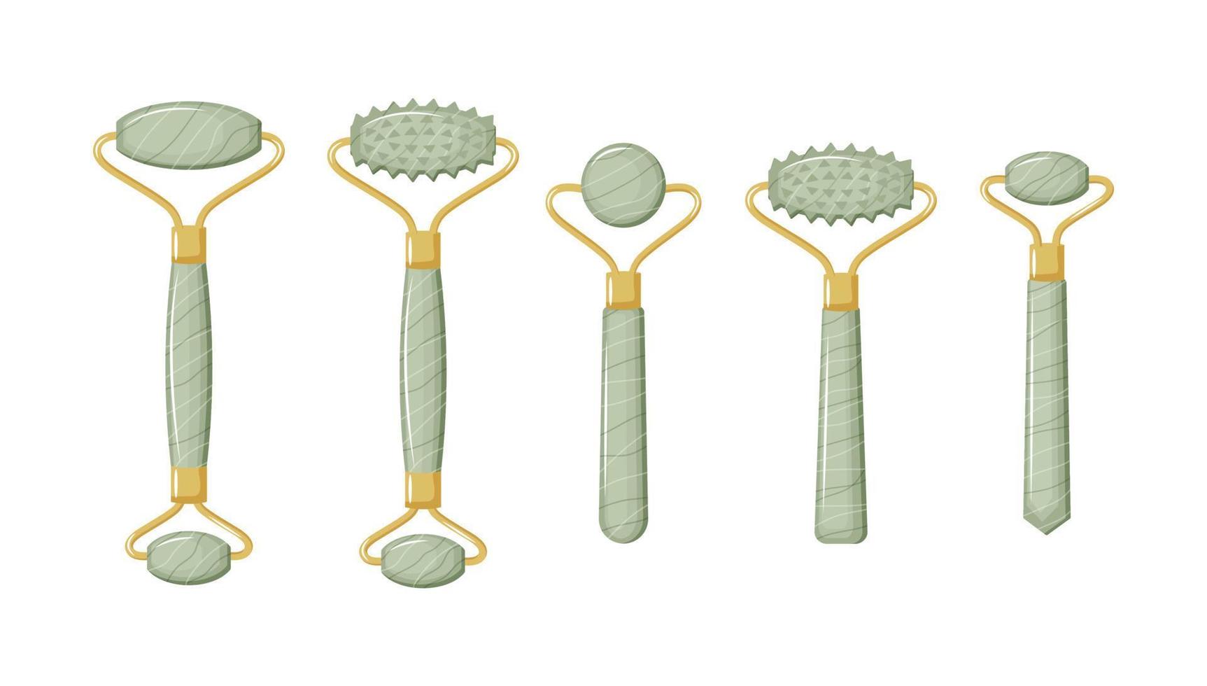 Collection of jade rollers for facial massage. Jade facial roller. Chinese gua sha massage. Skin care and morning routine. Vector illustration in a flat style.
