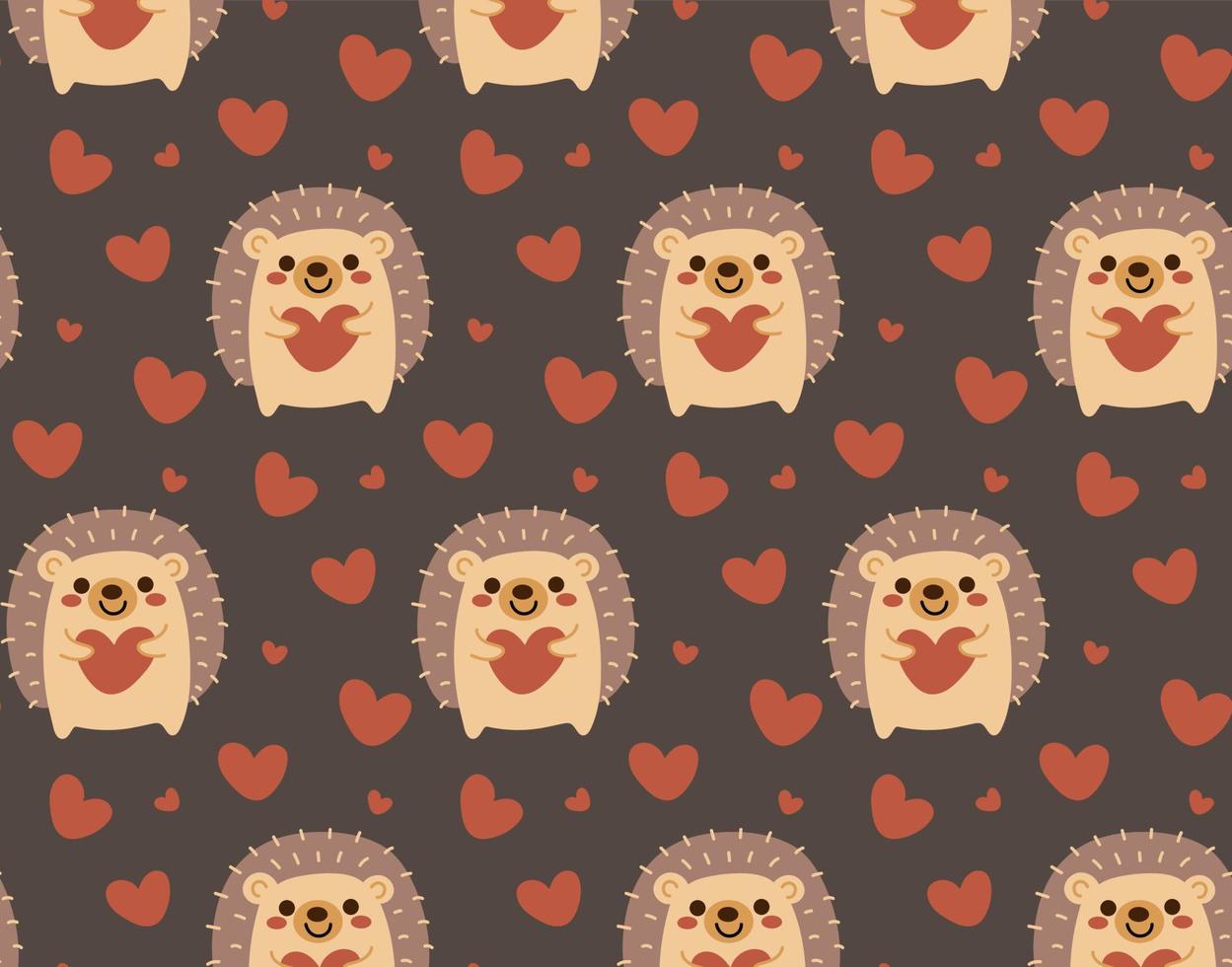 Seamless pattern of cute hedgehog and heart on dark background in flat vector style.