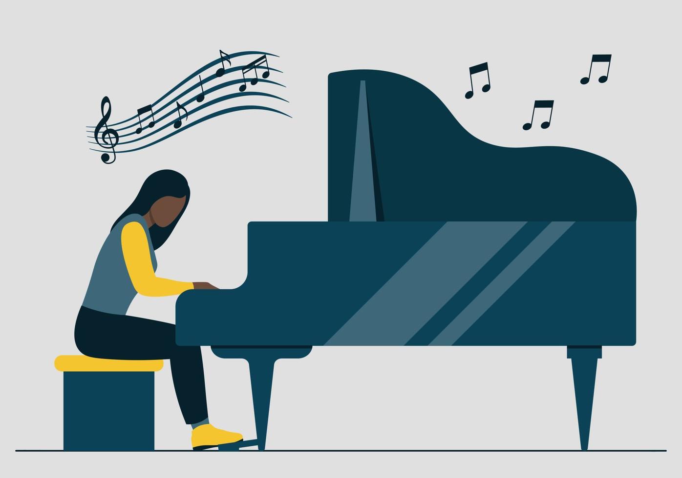 mujer de piel negra tocando el piano con notas musicales en la ilustración de vector de fondo en estilo plano