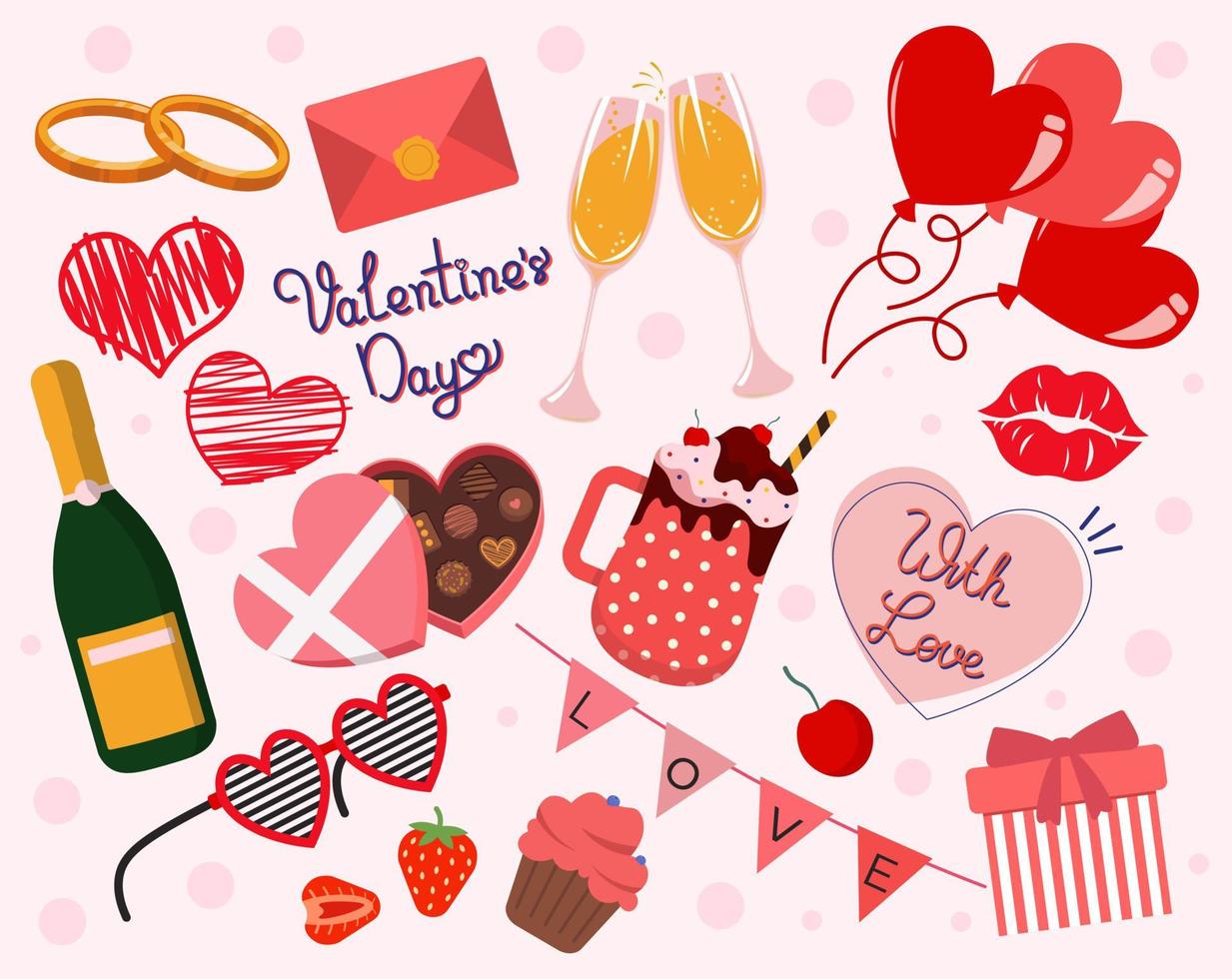 Big Collection Of Design Elements For Valentines Day Decoration Vector Illustration In Flat