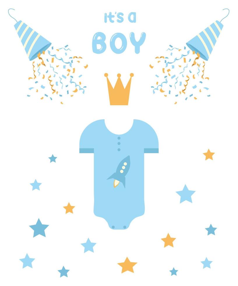 Design elements and decorations for a boy, for the design of a postcard, poster, invitation, print on fabric, for congratulations on the newborn, vector flat illustration