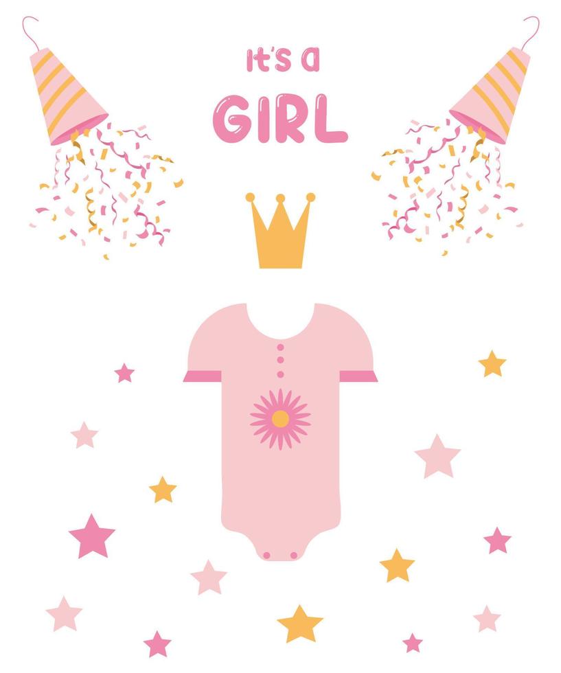Design elements and decorations for a girl, for the design of a postcard, poster, invitation, print on fabric, for congratulations on the newborn, vector flat illustration