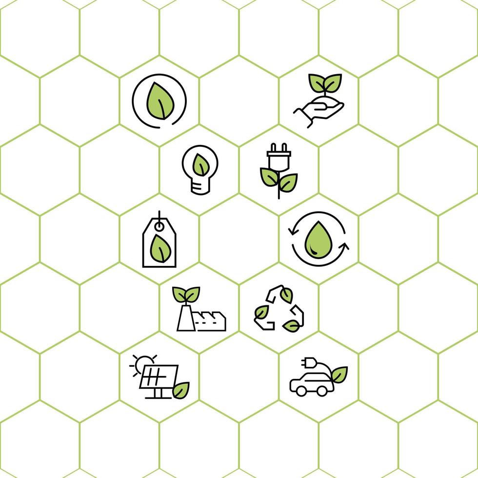 set of eco sustainable environment icon. icon with ecology, sustainability, environmentally, nature outline and green color, vector. icons for symbol, web banner, illustration, web site. vector