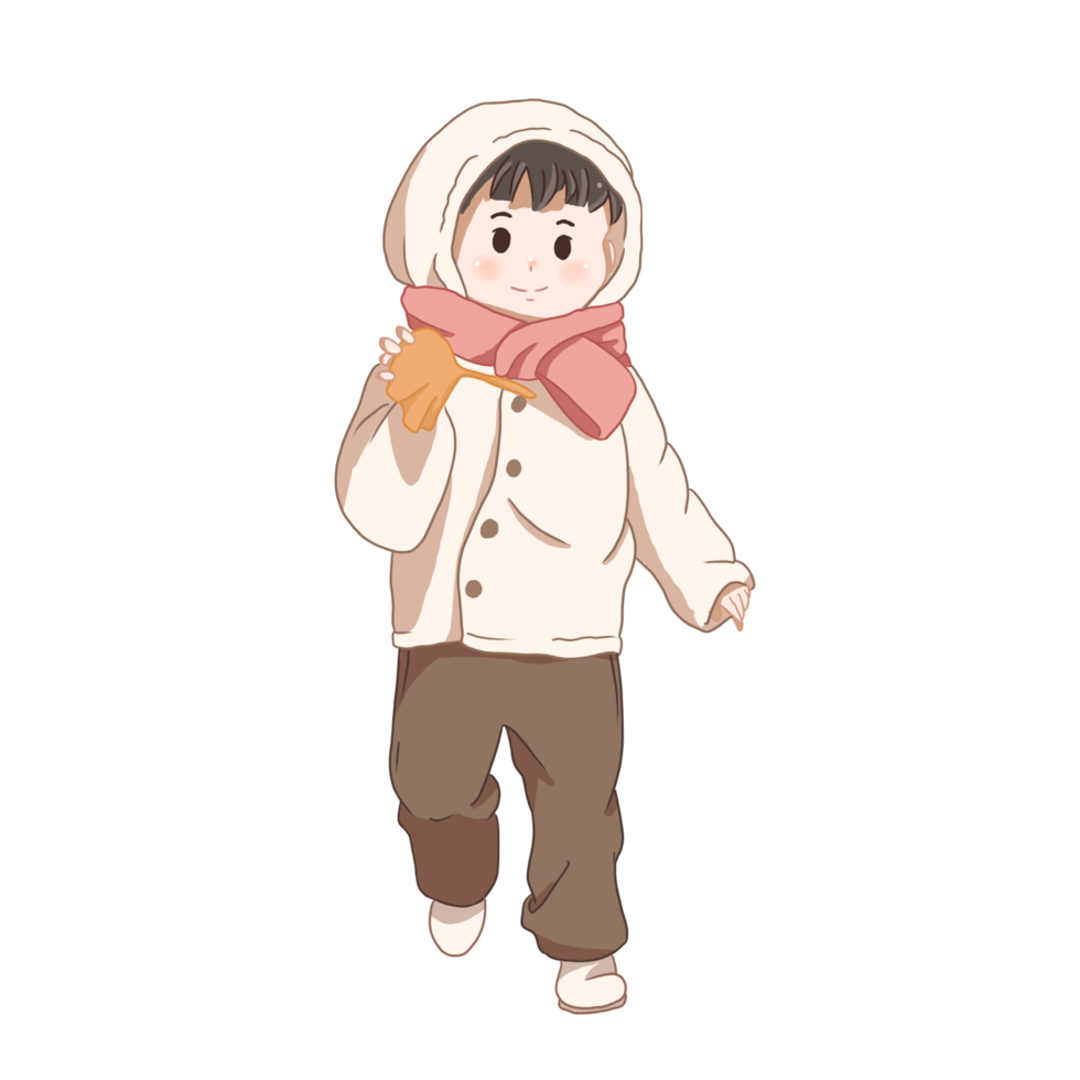 Cute kid is wearing coat in winter outfit. character hand drawn cartoon png