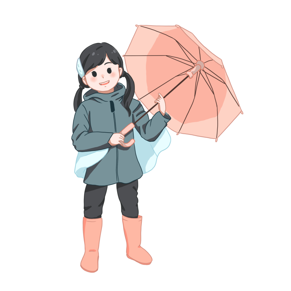 linda chica lleva impermeable y paraguas. personaje de dibujos animados dibujados a mano png