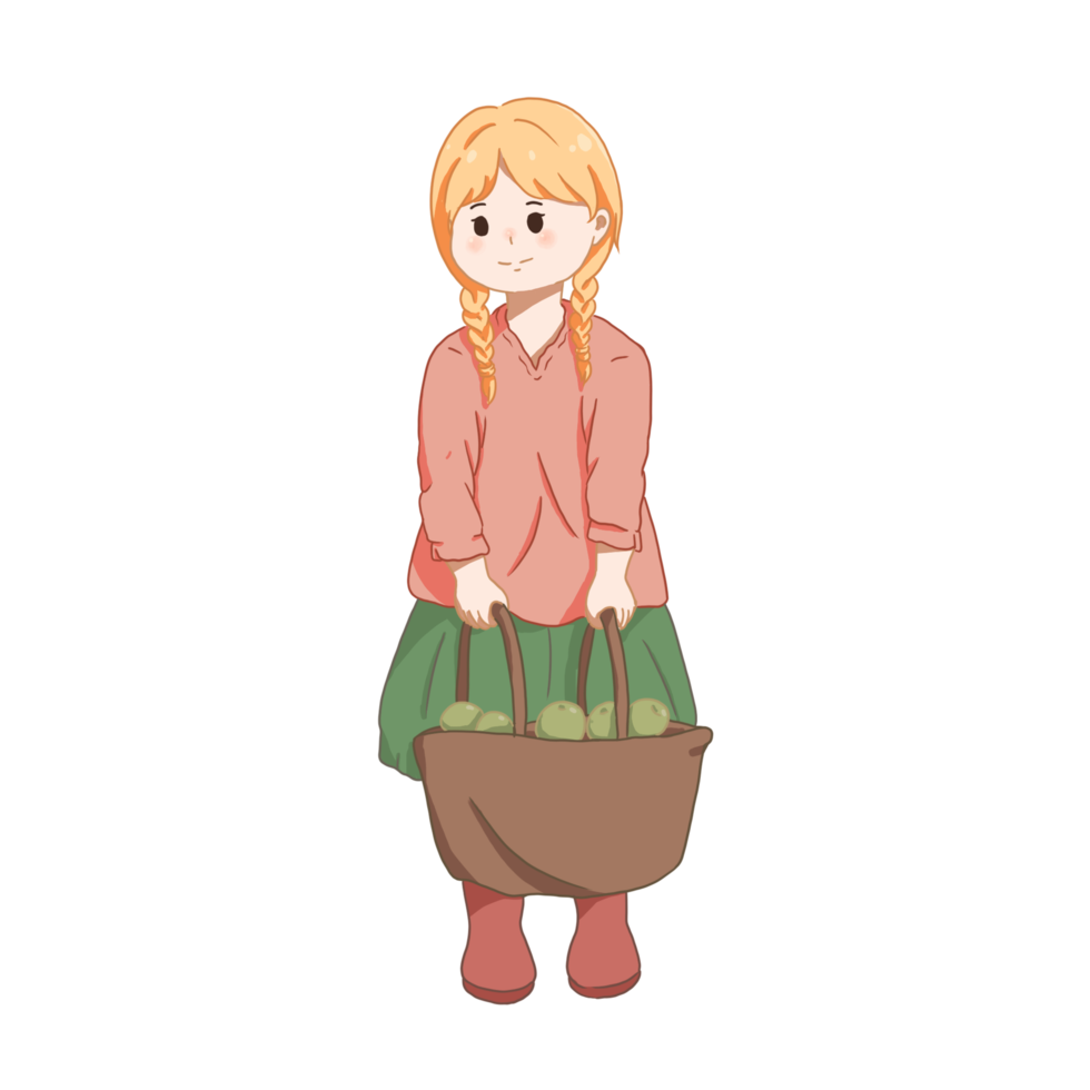 Cute girl shopping at market. character hand drawn cartoon png