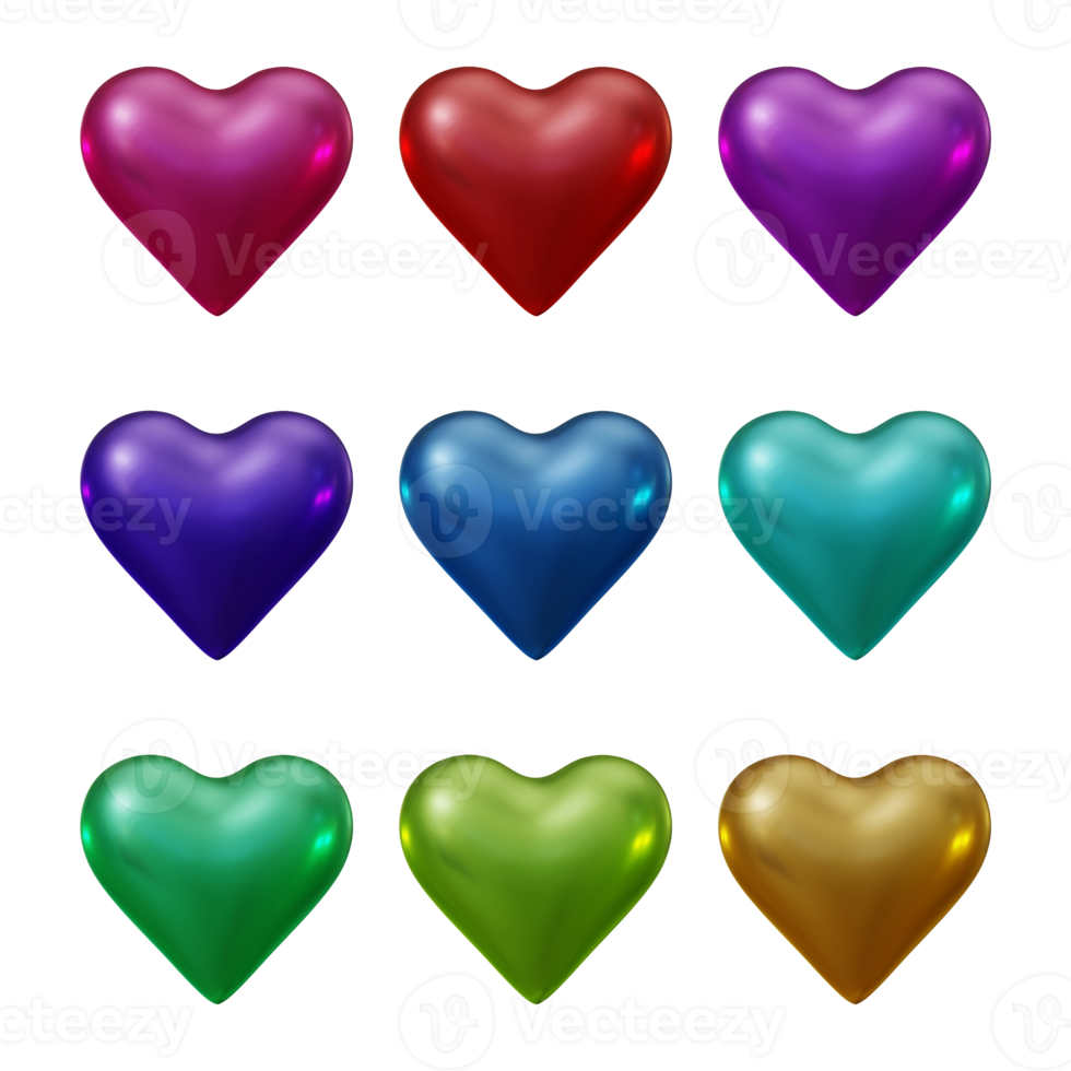 Set of heart icons in 3d rendering png