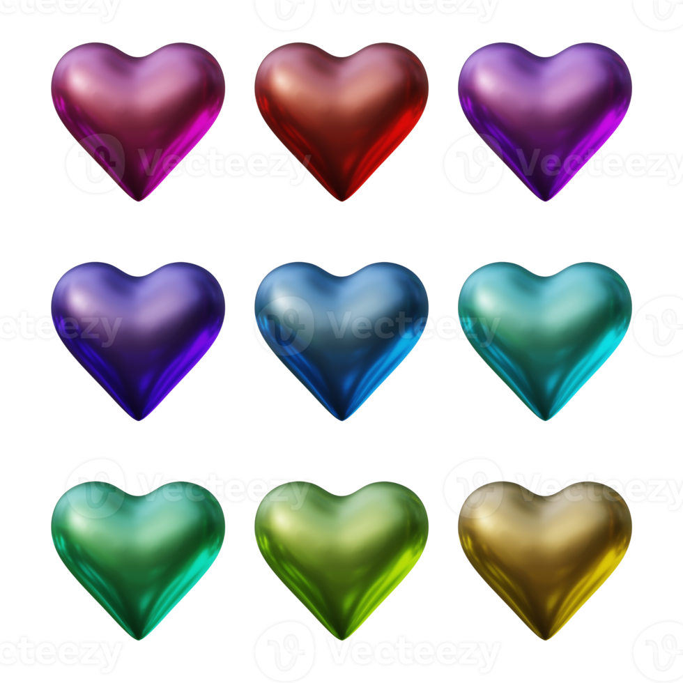 Set of heart icons in 3d rendering png