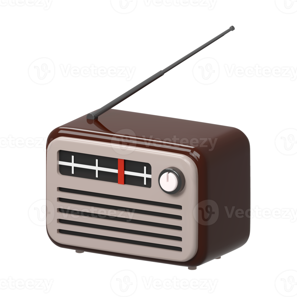 Icono de receptor de sintonizador de radio vintage retro antiguo marrón 3d realista. Día mundial de la radio nacional. ilustración de estilo de dibujos animados aislado sobre fondo transparente png