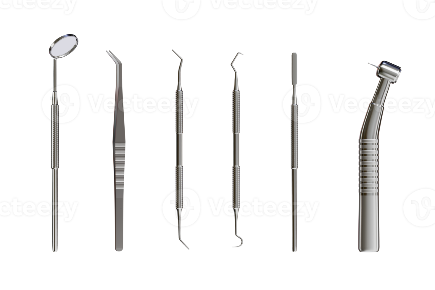3d realistisch professioneel tandheelkundig gereedschap reeks voor tandheelkunde inspectie. tanden zorg, Gezondheid concept. eenvoudig metaal medisch apparatuur, instrument top visie. illustratie geïsoleerd Aan transparant achtergrond png