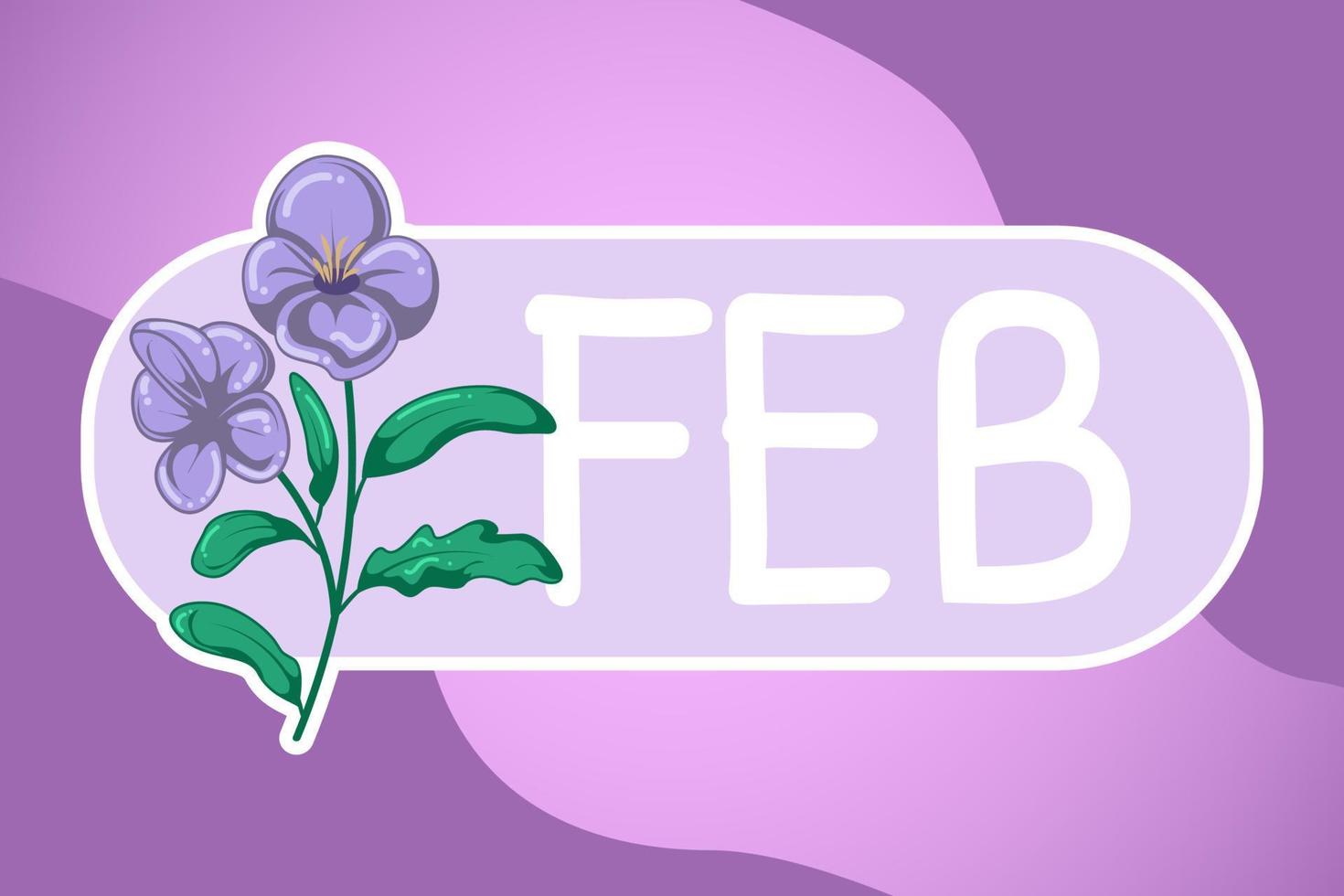 nombre del mes de febrero con elemento de flor de nacimiento violeta para pegatina, diario, nota, calendario, planificador vector