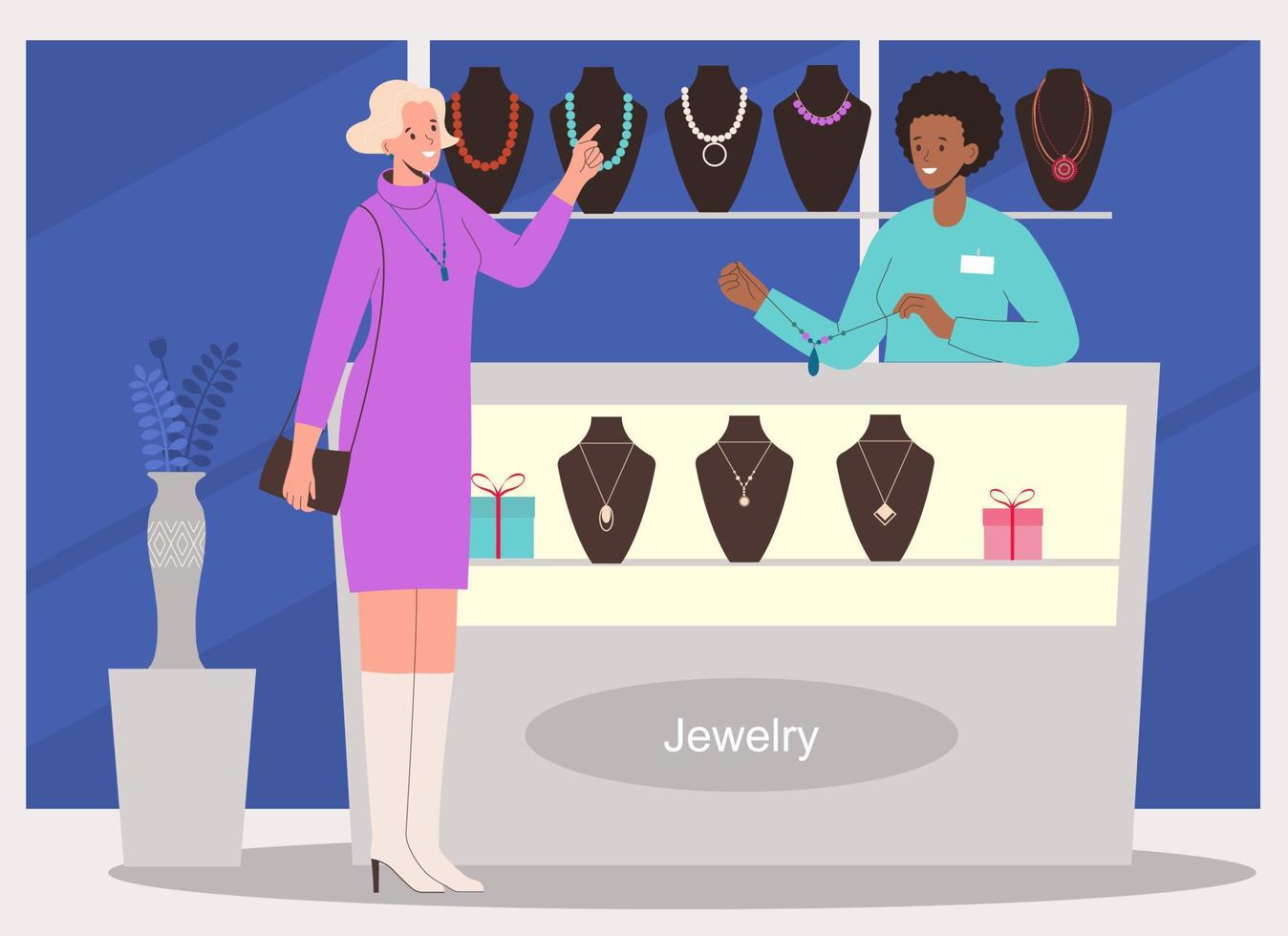 Beautiful woman  looking at selection of jewellery on the display at the jewelry store. Saleswoman showing jewelry on the showcase. vector