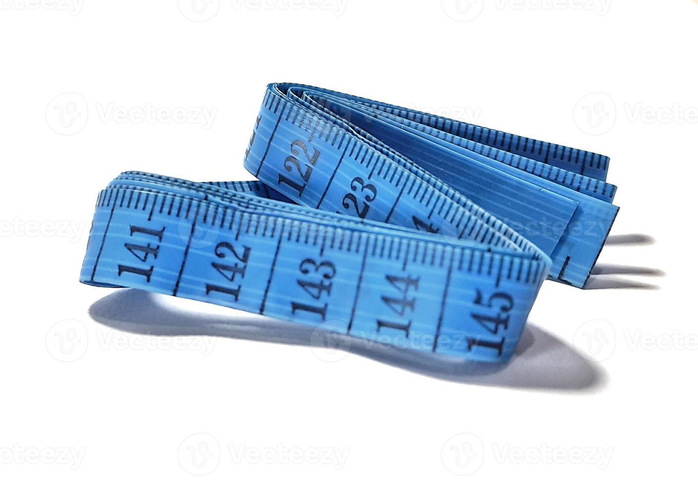 Isolated white photo of a sewing meter or fabric meter in blue.