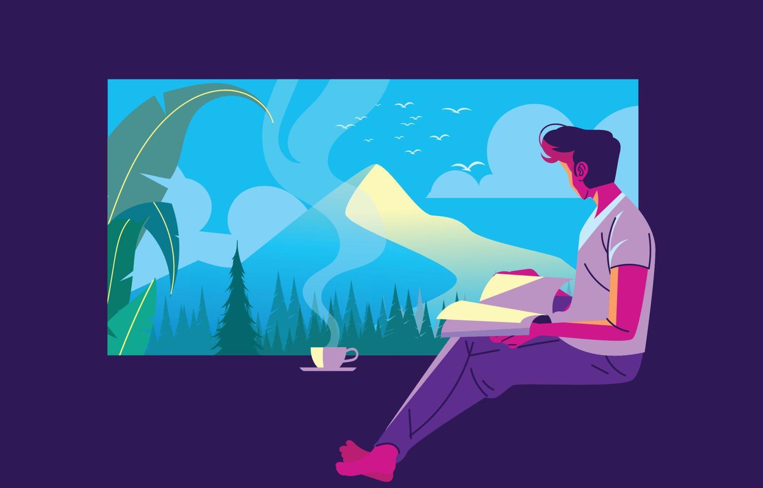 Reading Book With Fresh Air and Beautiful Scenery vector