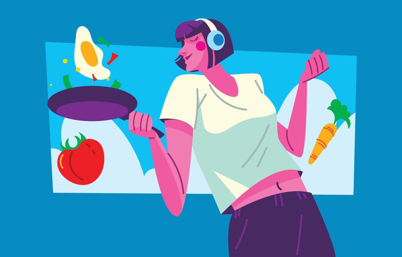 Happy Cute Girl Cooking and Listening Music with Her Headphones vector