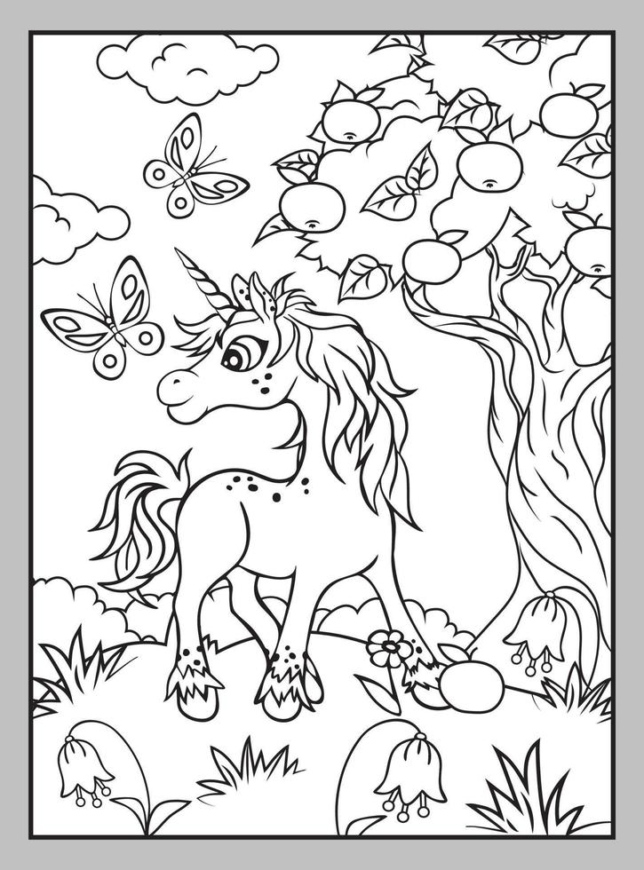 lindo unicornio con una mariposa en un césped de verano. página para colorear vector