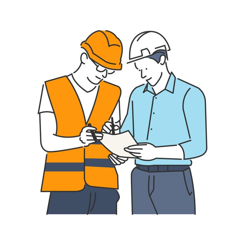 icono ilustrativo de hombre con traje y trabajador con traje protector naranja que trabaja en la construcción vector