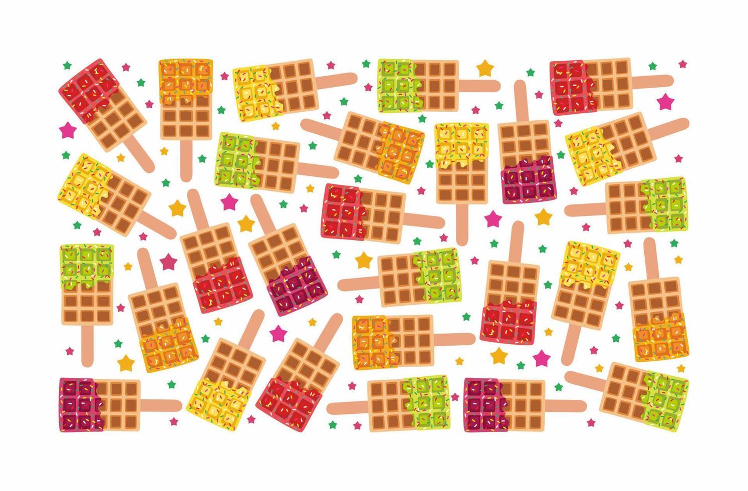 Sweet food and dessert food, vector pattern of golden brown homemade corn dog or hot dog waffle on a stick in various flavors decorations and red, green, violet, orange chocolate or glaze.