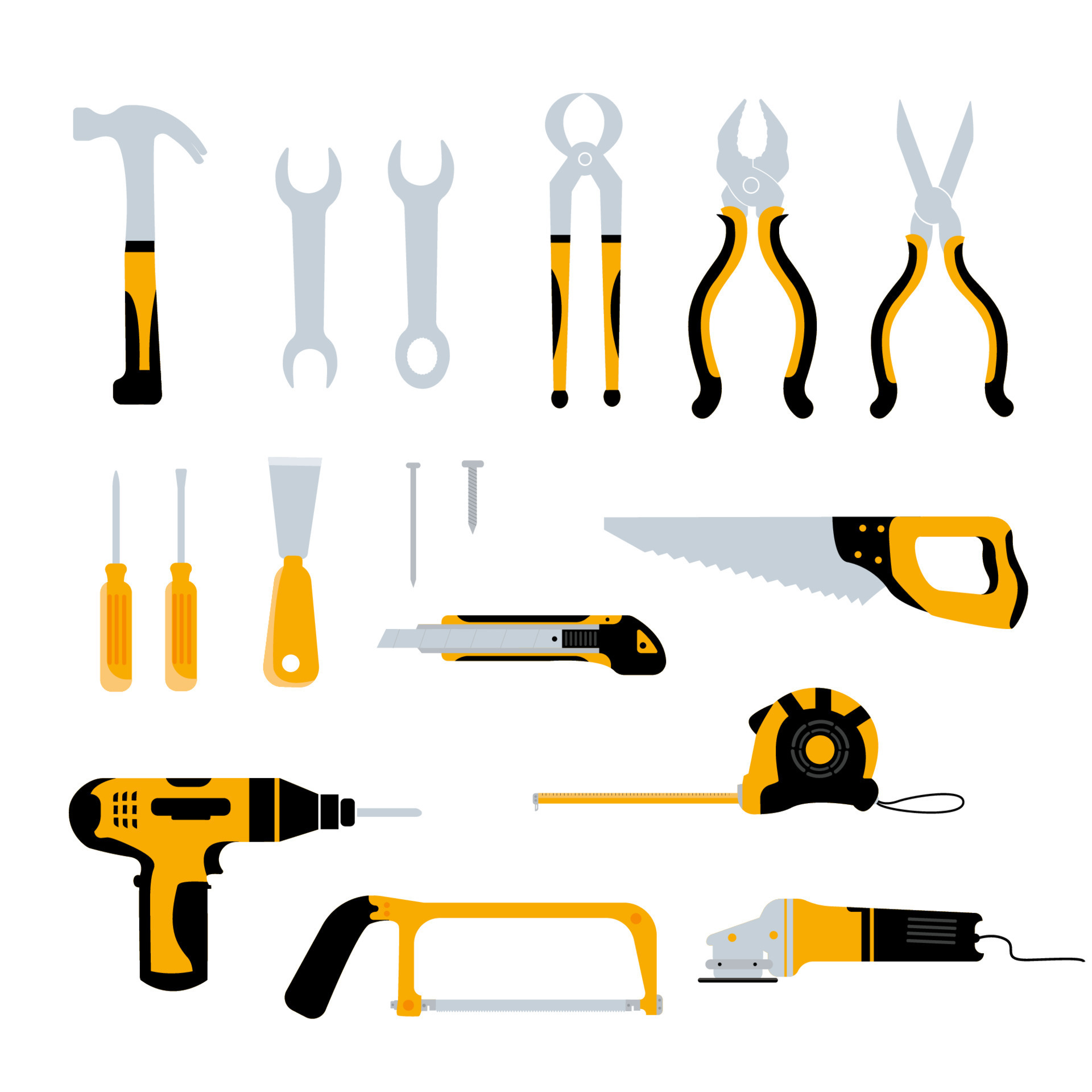 Set of repairing carpentry construction tools on white background