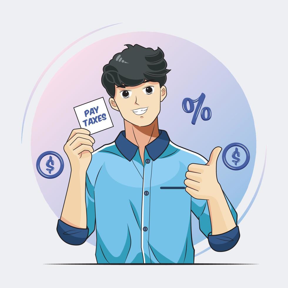 Tax day. Young man holding reminder paper with pay taxes message and gesture ok vector illustration pro download