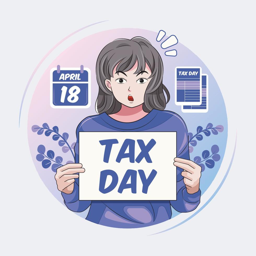 día de impuestos. mujer joven sorprendida sosteniendo papel con mensaje del día de impuestos ilustración vectorial descarga gratuita vector